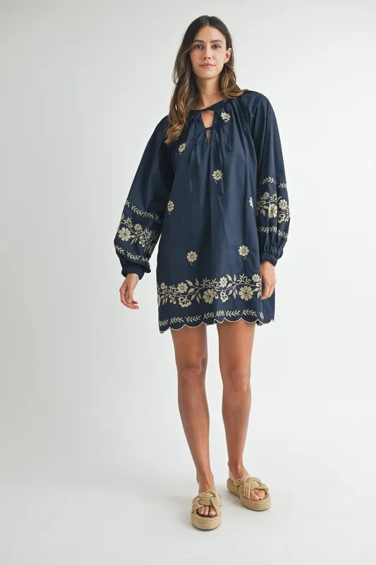 Embroidered Long Sleeve Peasant Mini Dress -