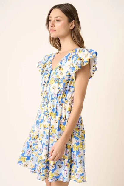 Floral V-Neck Cap Sleeve Mini Dress -