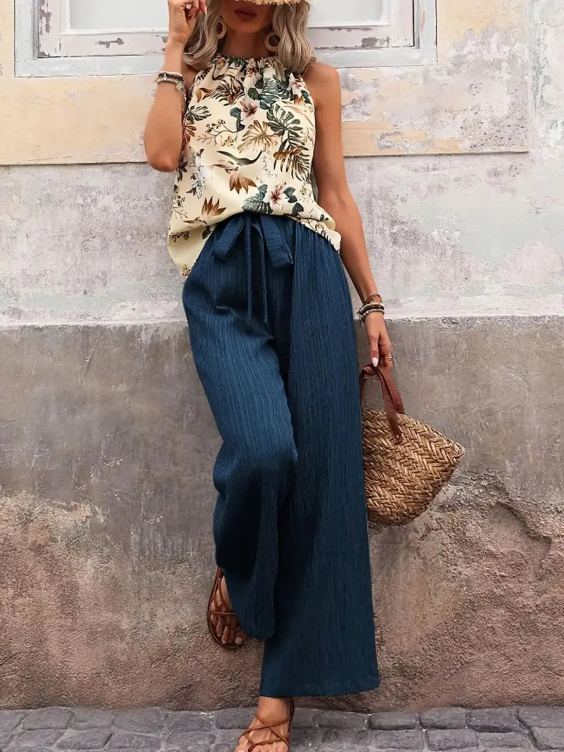 Printed Tank Top and Wide Leg Pants Set -