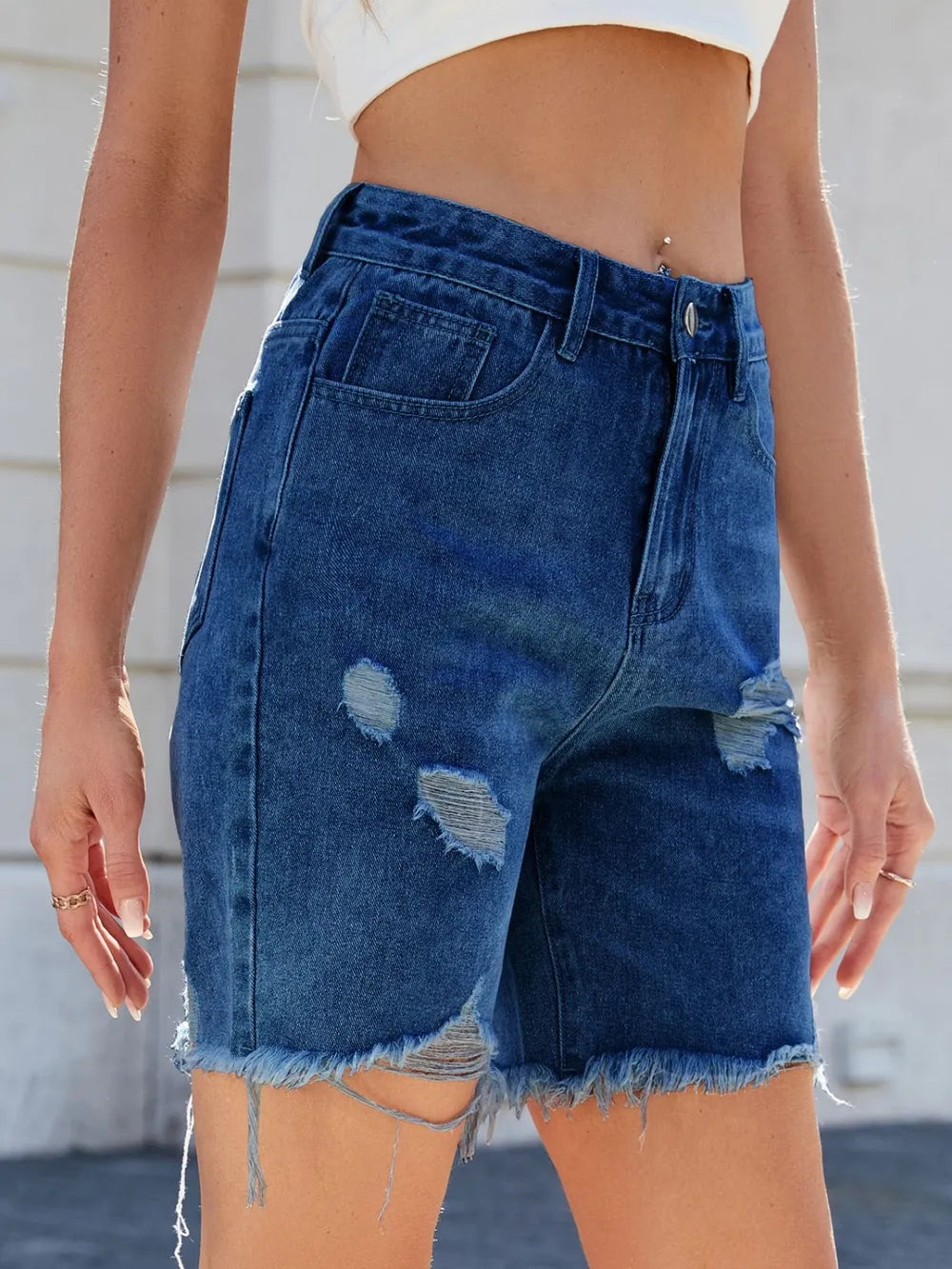 Distressed Raw Hem Denim Shorts -
