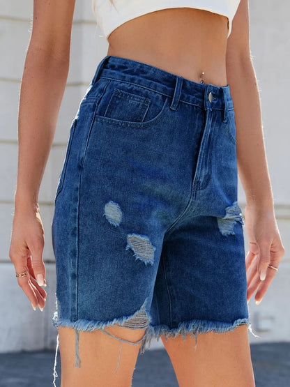 Distressed Raw Hem Denim Shorts -