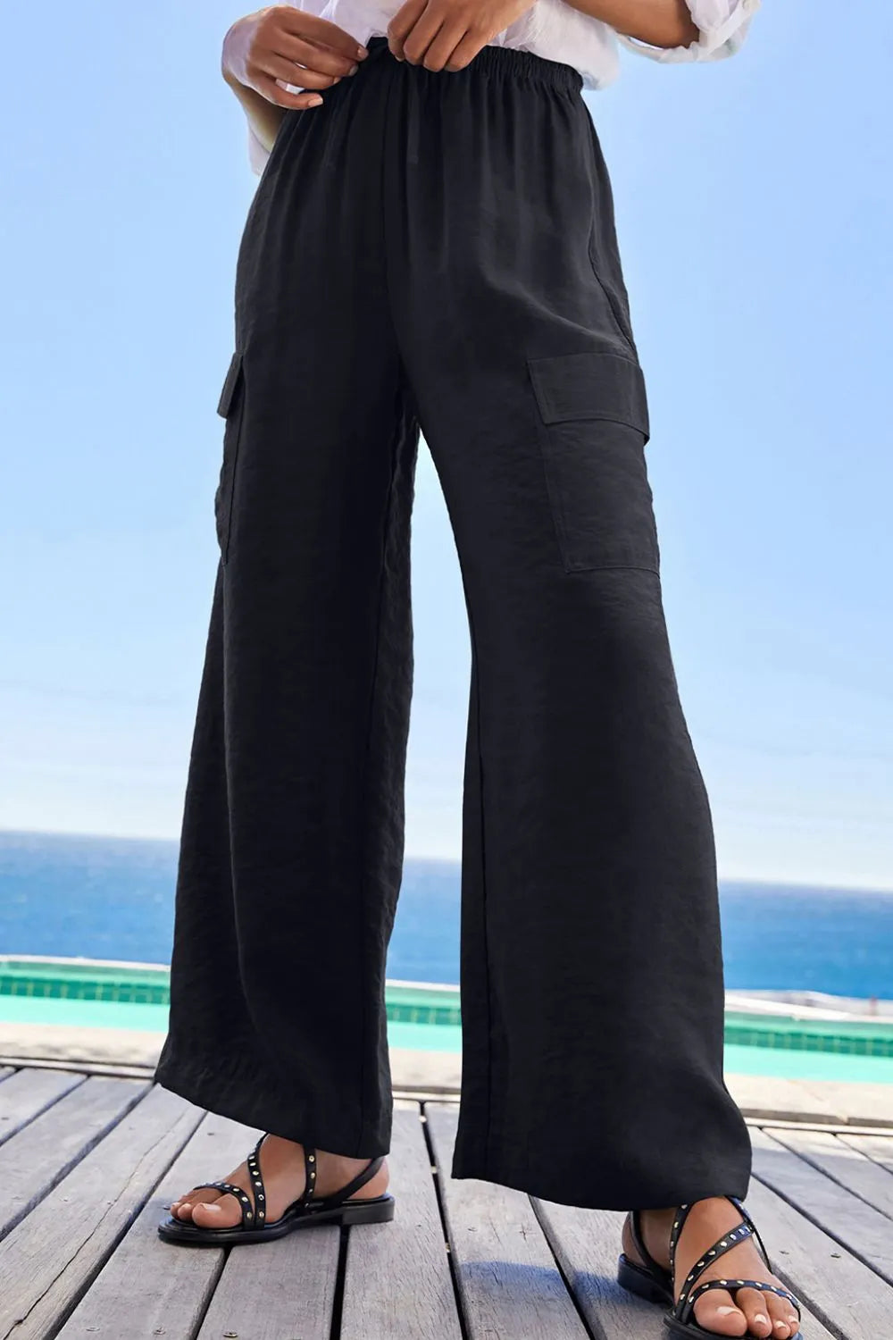 Drawstring Frilled Waist Wide Leg Utility Trousers - Black