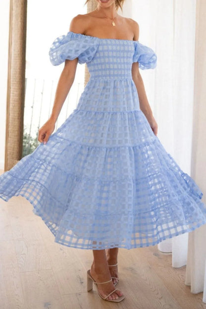 Off Shoulder Short Puff Sleeve Midi Dress - Light Blue