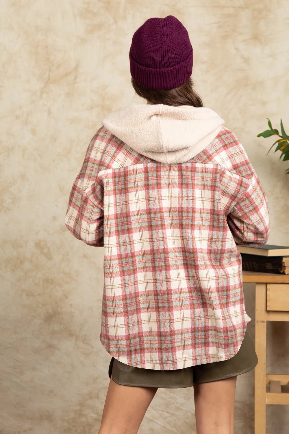 Drawstring Plaid Long Sleeve Hooded Jacket - Dusty Pink