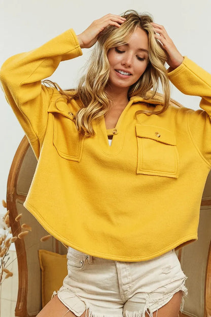 Flap Pockets Fleece Collared Sweatshirt -