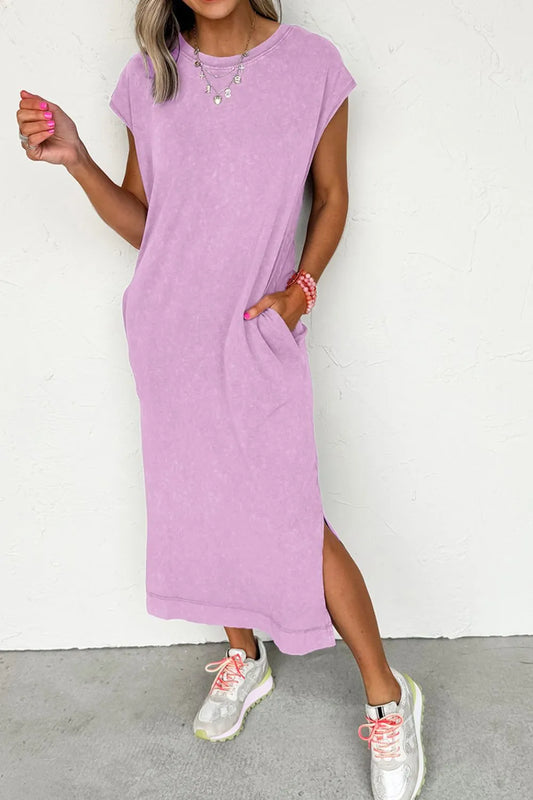 Side Split Round Neck Cap Sleeve T-Shirt Dress - Pink Purple