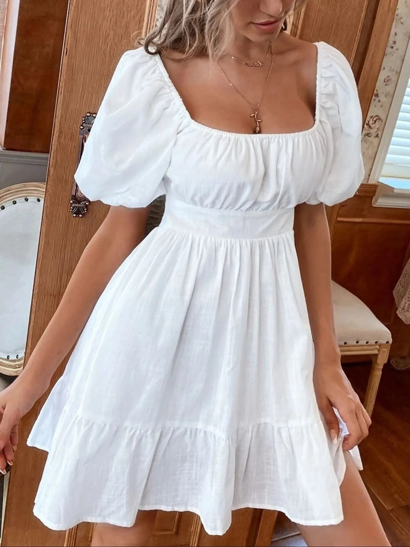 Square Neck Puff Sleeve Mini Dress -