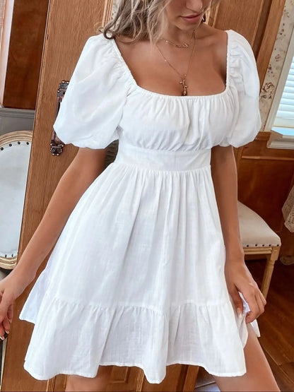 Square Neck Puff Sleeve Mini Dress -