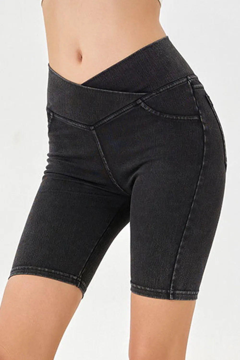 Asymmetrical Waist Denim Shorts - Dark