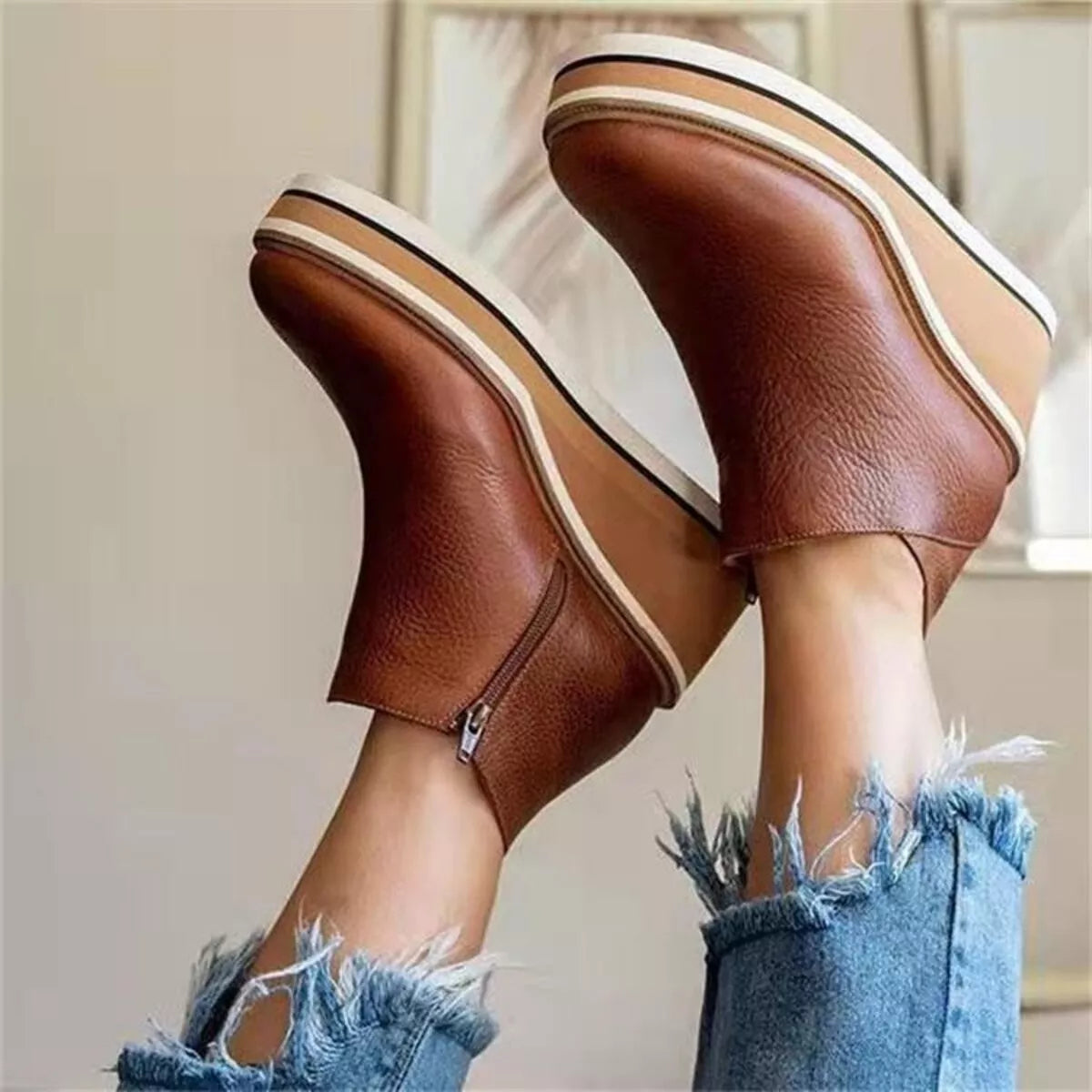 Ankle Wedge Boots with Zipper - Dark Brown