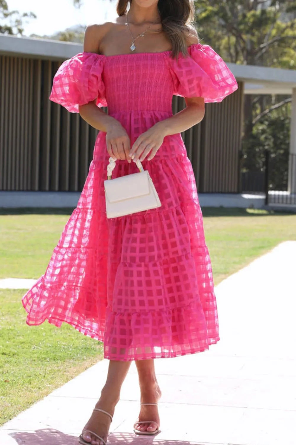 Off Shoulder Short Puff Sleeve Midi Dress - Hot Pink