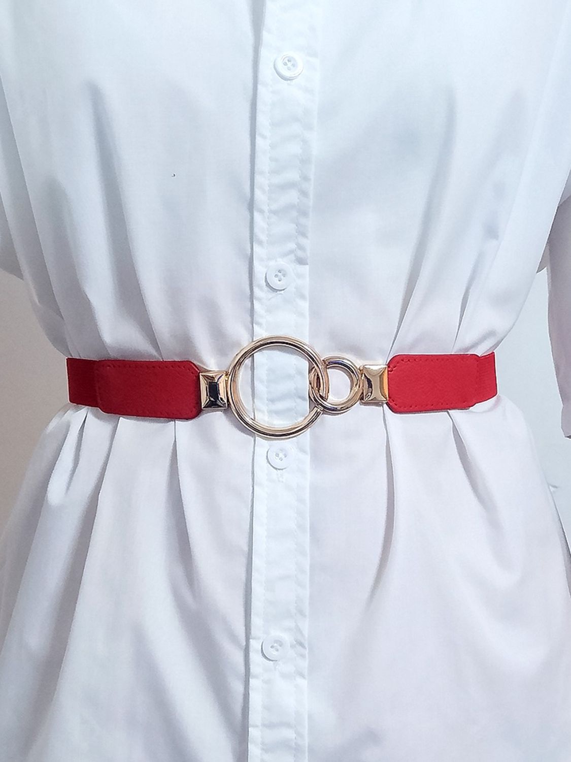 Double Ring Buckle Elastic PU Belt - Red One Size