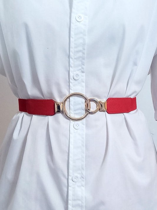 Double Ring Buckle Elastic PU Belt - Red One Size