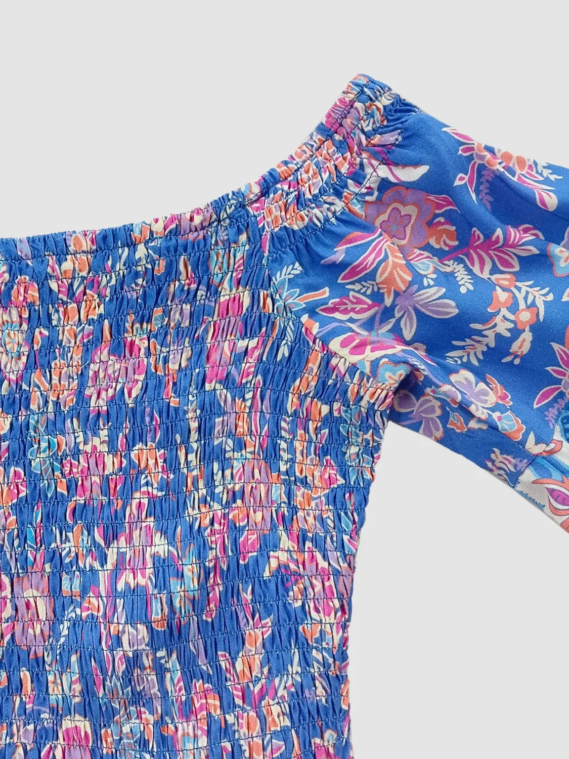 Smocked Off-Shoulder Printed Top and Skirt Set - Blue Purple