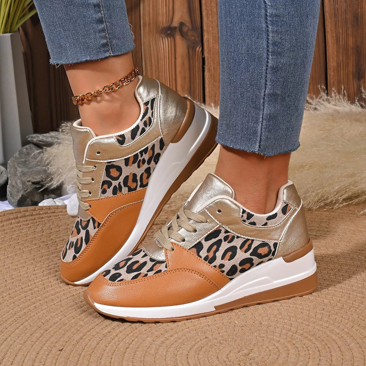 Leopard Lace Up Sneakers -