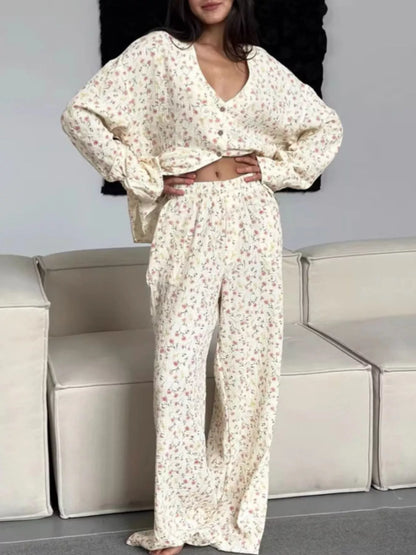 Floral Print Button-Down Top and Pants Lounge Set - Yellow