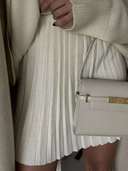 Round Neck Top and Pleated Skirt Sweater Set -