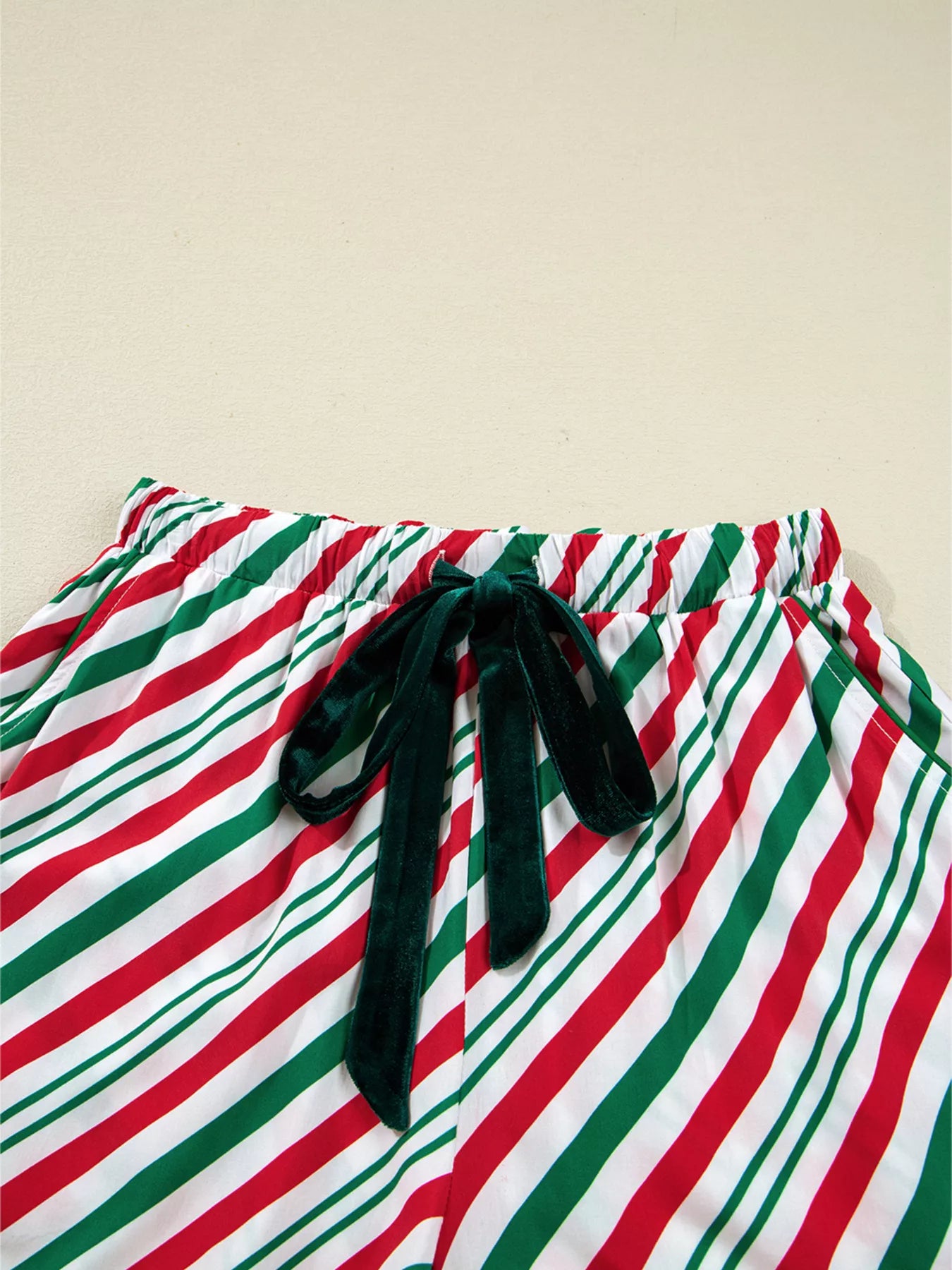 Stripe Contrast Velvet Ribbon Knot Pajama Set -
