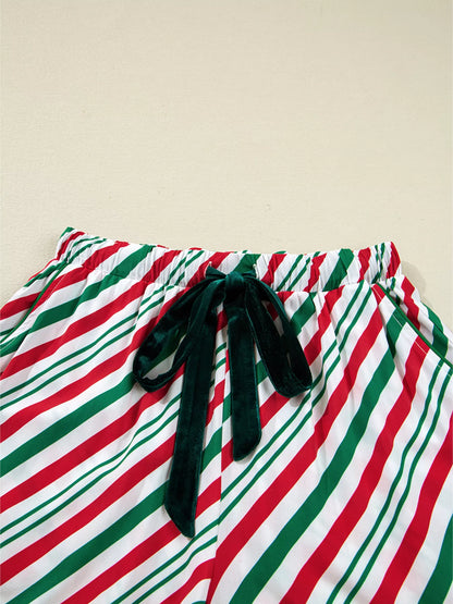 Stripe Contrast Velvet Ribbon Knot Pajama Set -