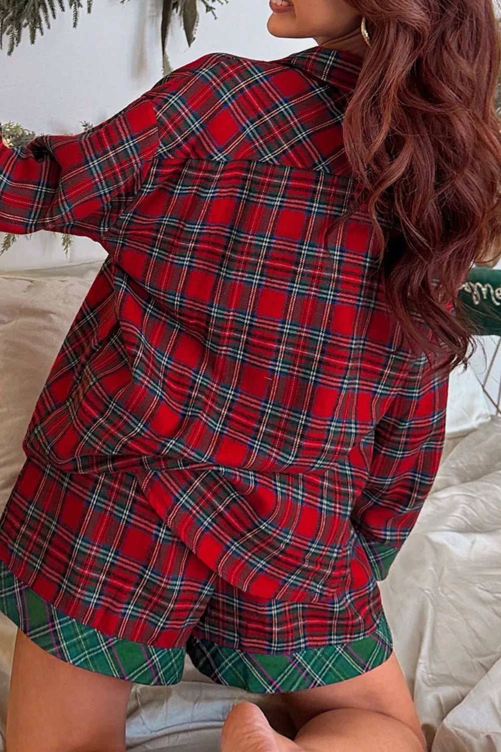 Plaid Patched Long Sleeve Shirt and Shorts Pajama Set -