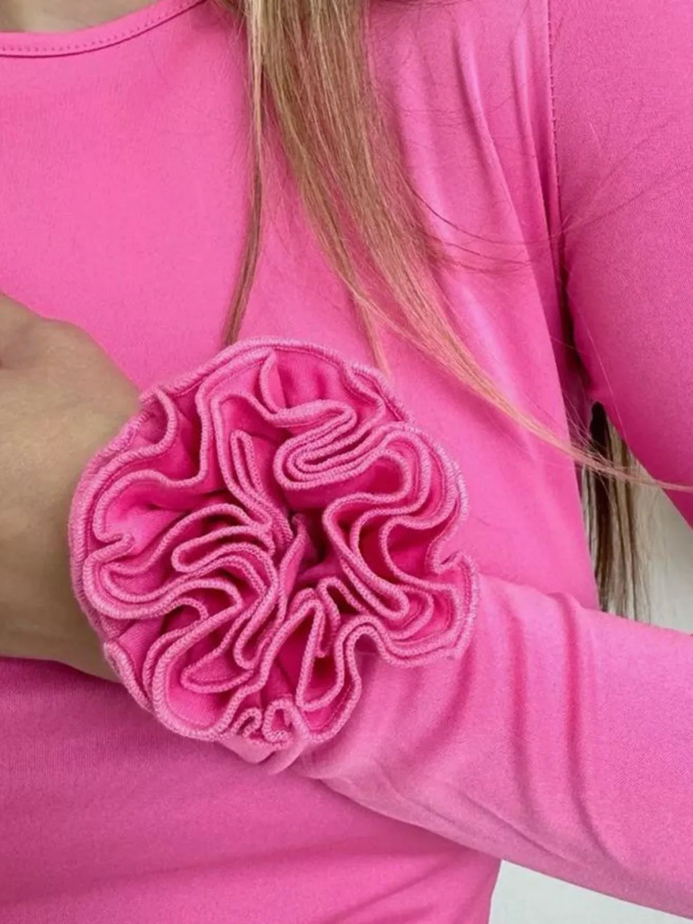 Flower Round Neck Long Sleeve T-Shirt - Hot Pink