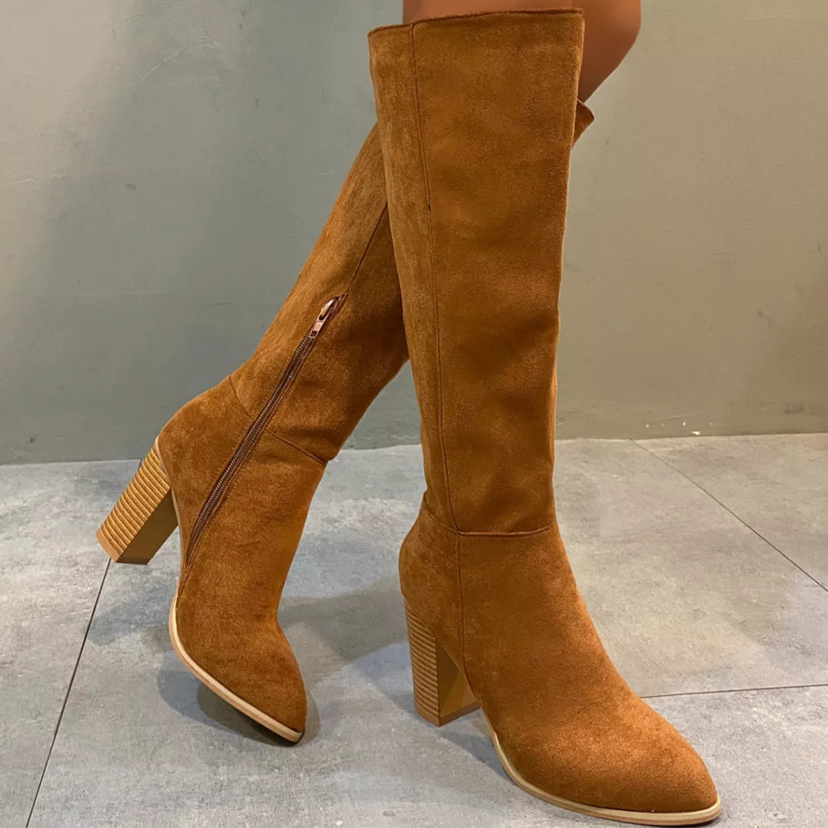 Point Toe Block Heels Boots - Brown