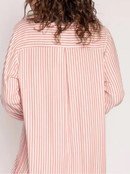 Striped Collared Neck Long Sleeve Top and Shorts Lounge Set -
