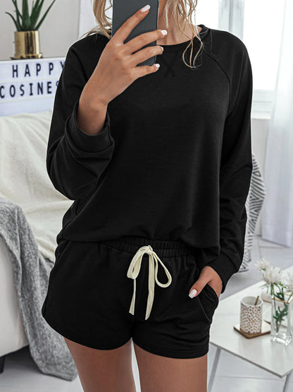 Round Neck Raglan Sleeve Top and Shorts Lounge Set -