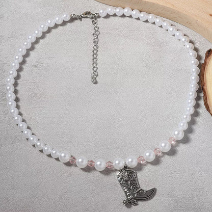 Pearl Beaded Cowboy Boot Necklace -