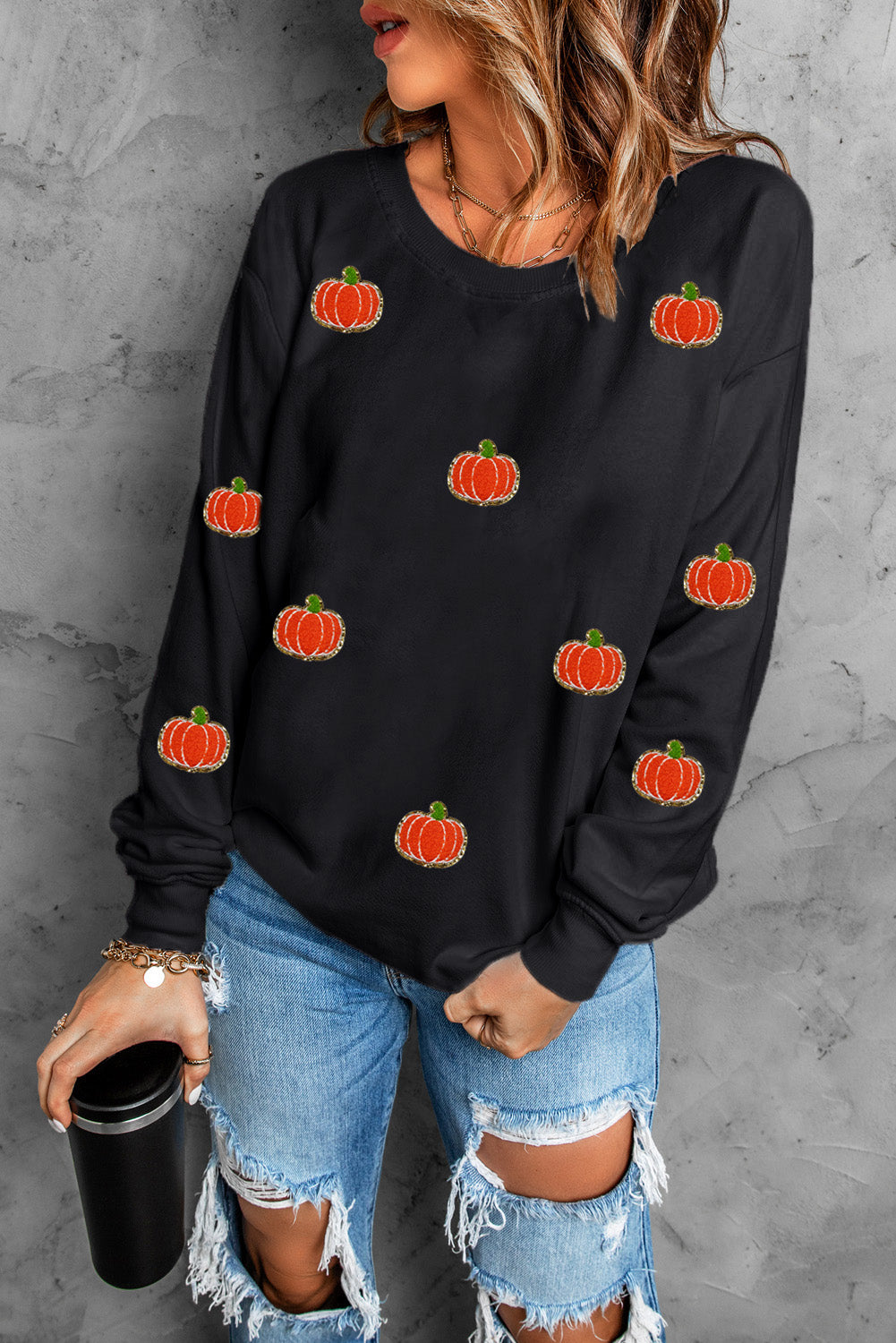 Pumpkin Round Neck Long Sleeve Sweatshirt - Black