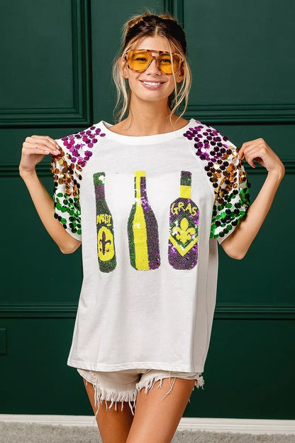 Sequin Mardi Gras Bottles Spangled Sleeve Top -
