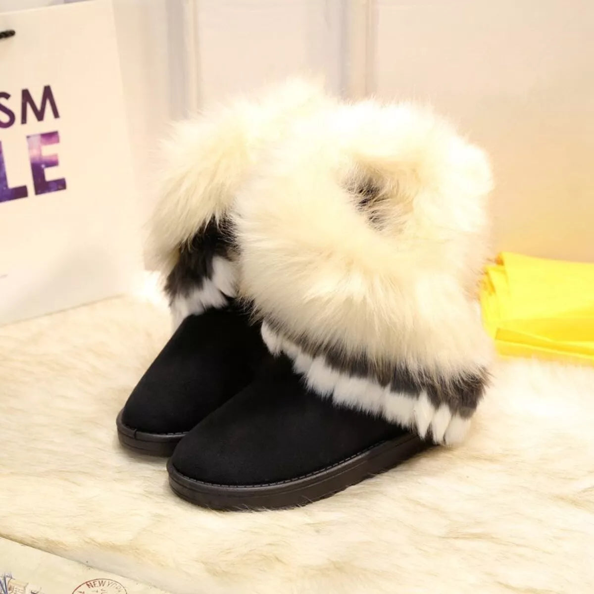Fluffy Fur Cuff Round Toe Boots -