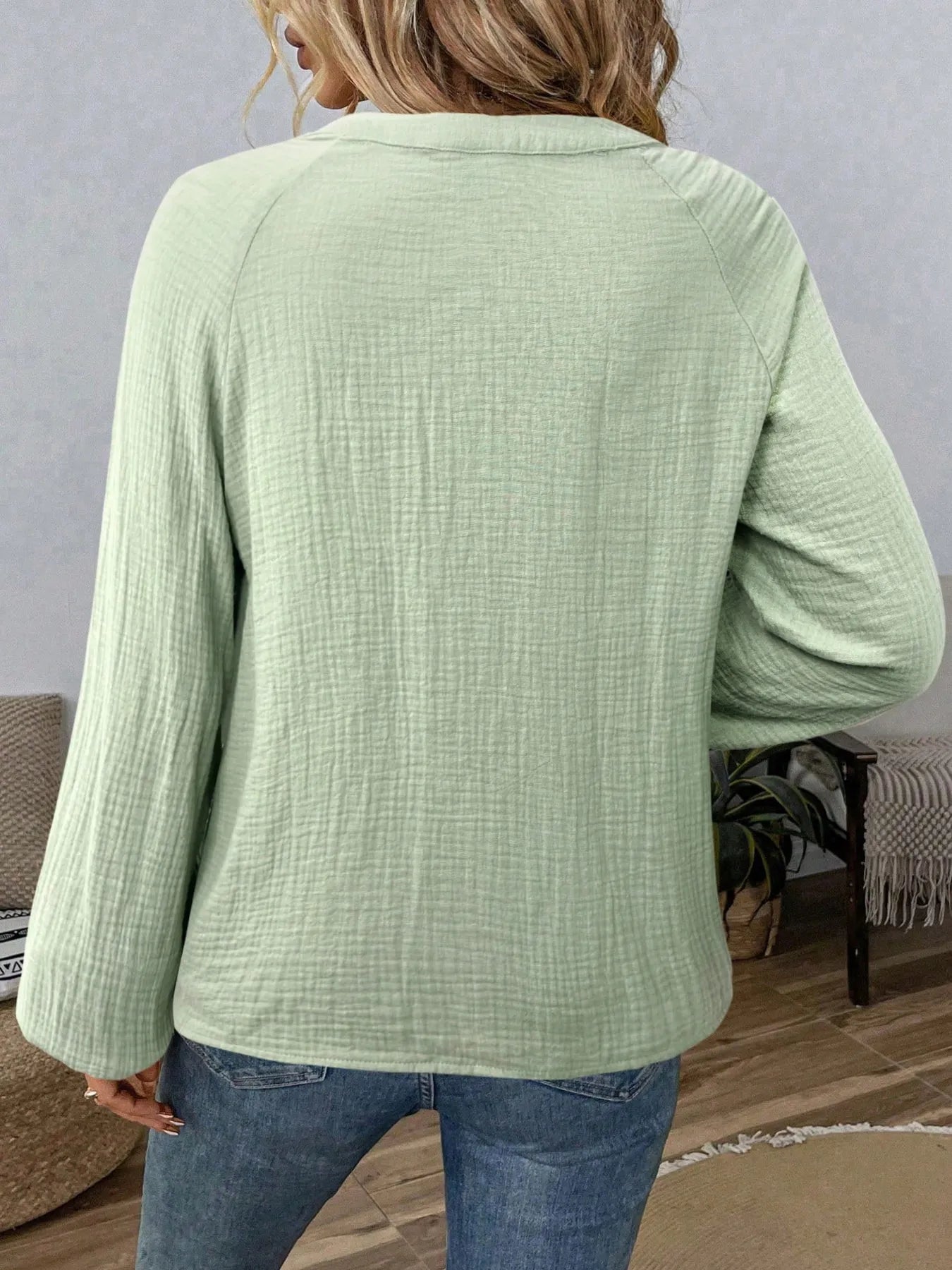 Paisley Pattern Notched Long Sleeve Blouse -