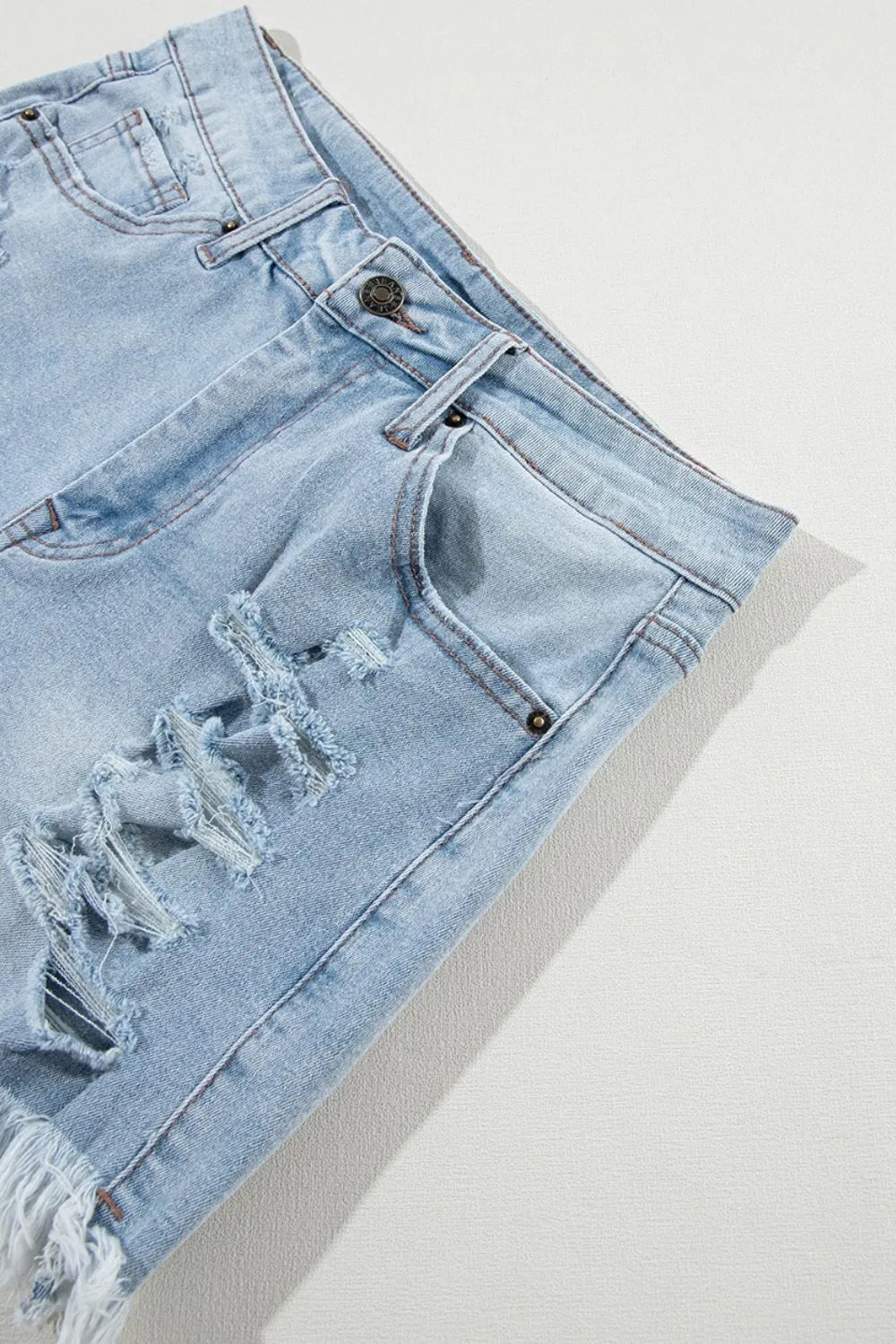 Distressed Raw Hem High Waist Denim Shorts -