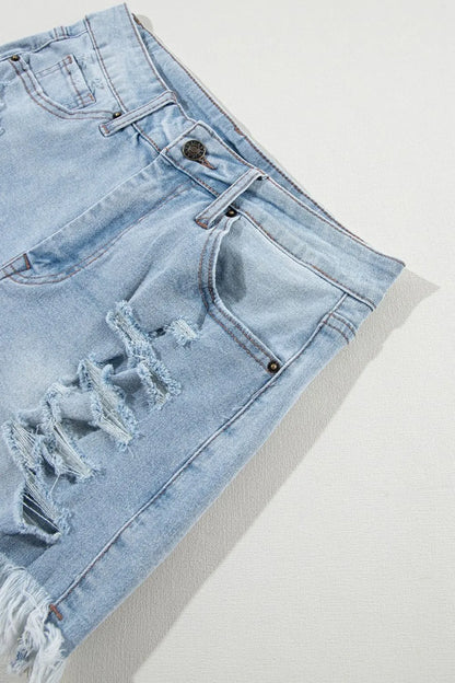 Distressed Raw Hem High Waist Denim Shorts -
