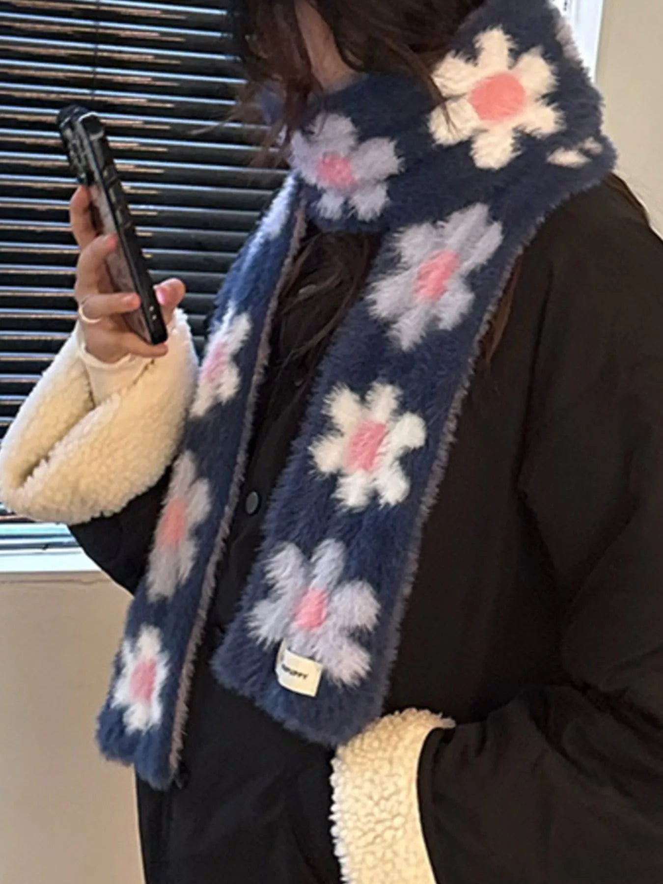 Floral Fuzzy Knit Scarf -