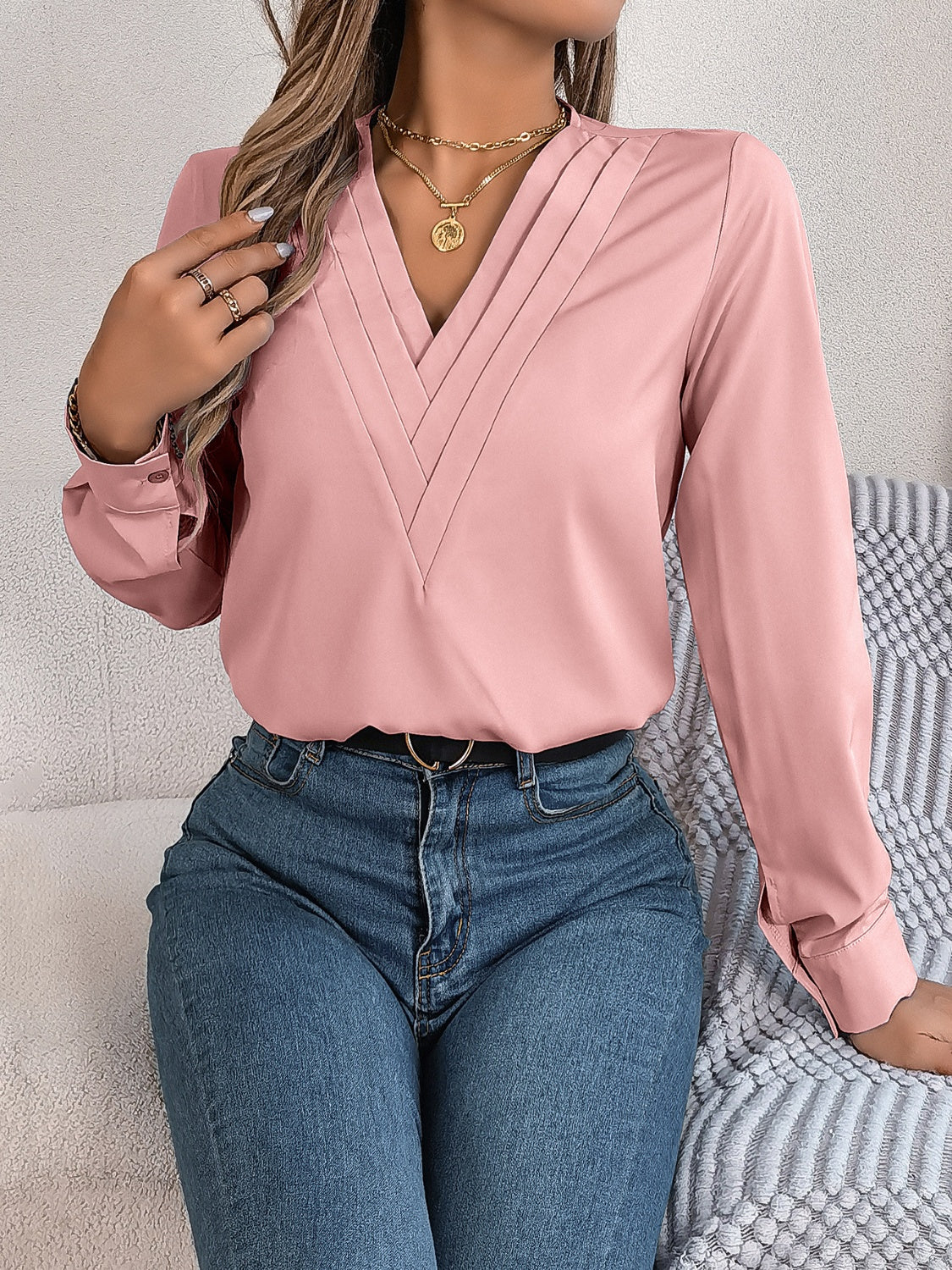 V-Neck Long Sleeve Blouse