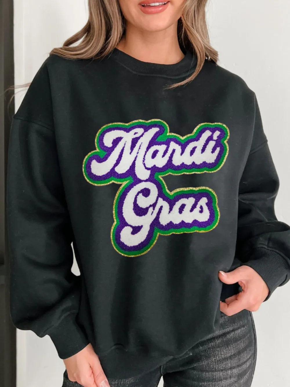 MARDI GRAS Round Neck Drop Shoulder Sweatshirt -