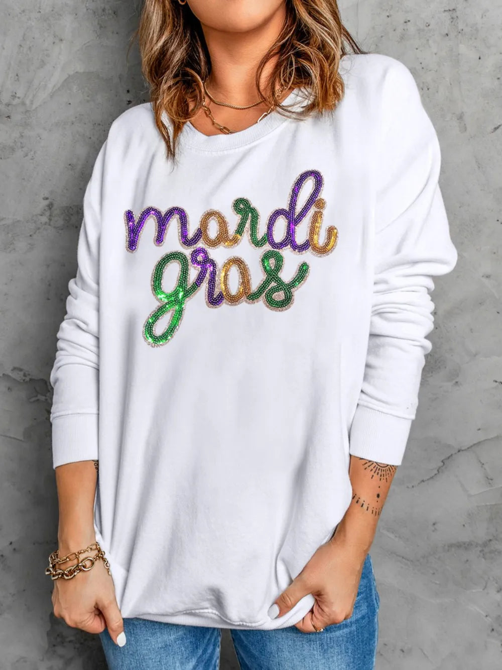 MARDI GRAS Sequin Long Sleeve Sweatshirt - White