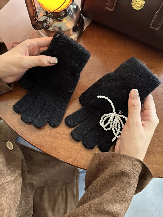Pearl Embellished Knit Gloves - Black One Size