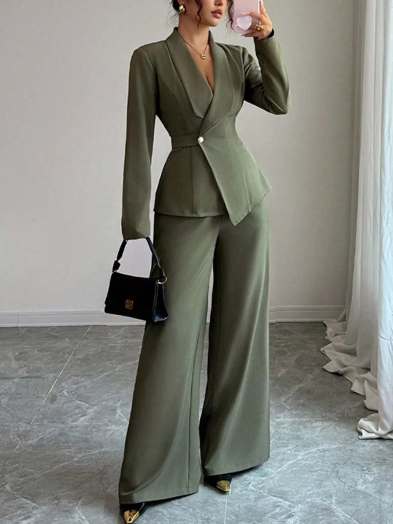 One Button Blazer and Pants Set - Green