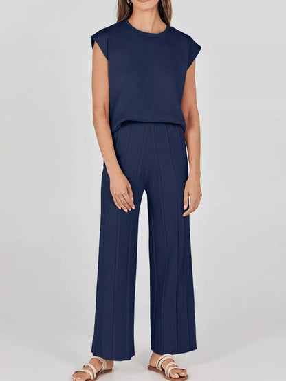 Casual Color Cap Sleeve Top and Pants Knit Set - Navy Blue