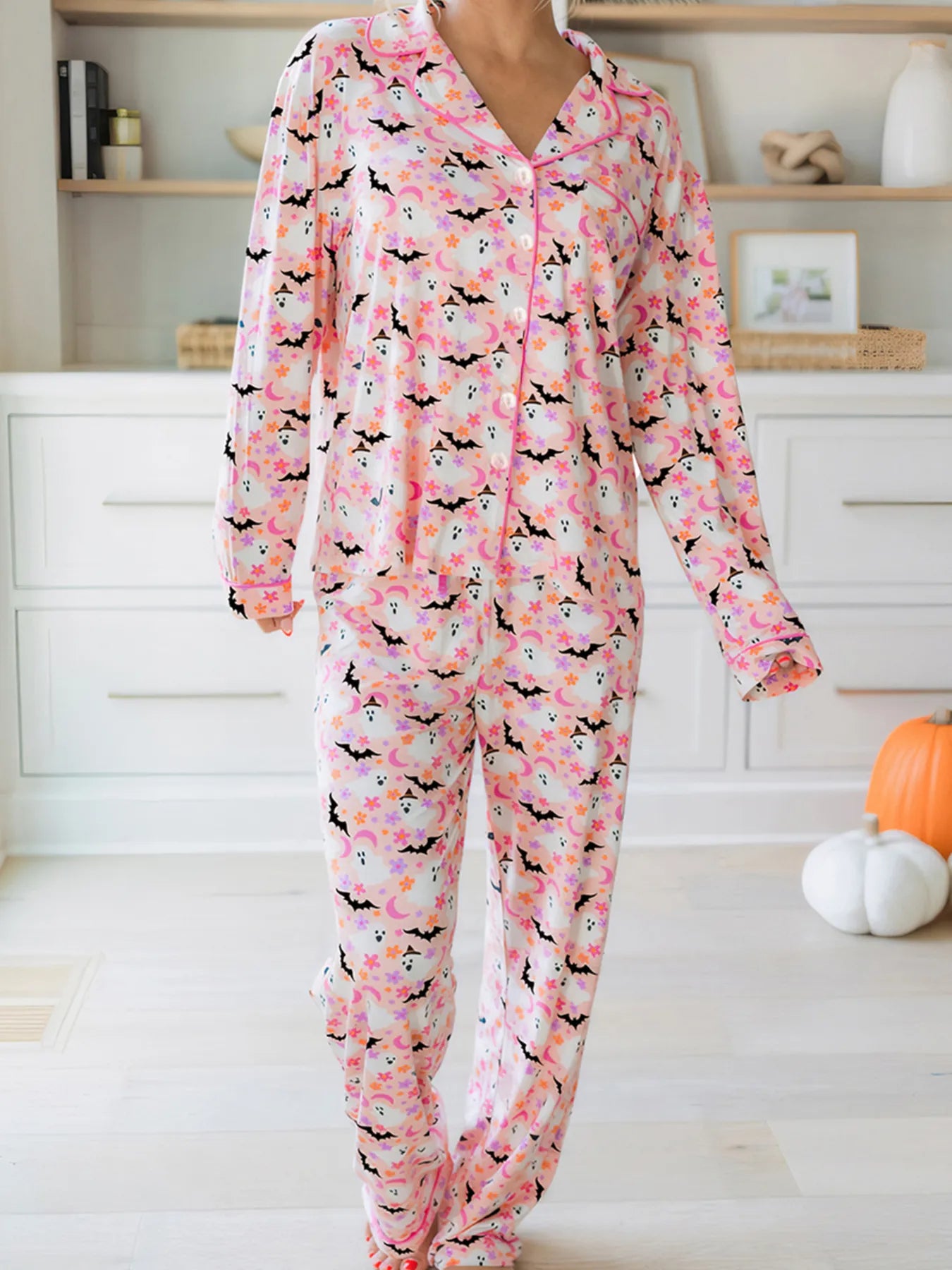 Ghost Print Button Up Top and Pants Lounge Set - Dusty Pink
