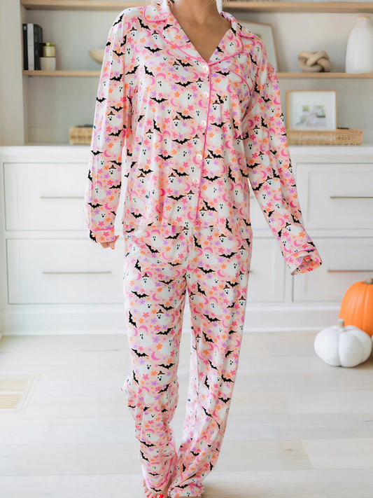 Ghost Print Button Up Top and Pants Lounge Set - Dusty Pink