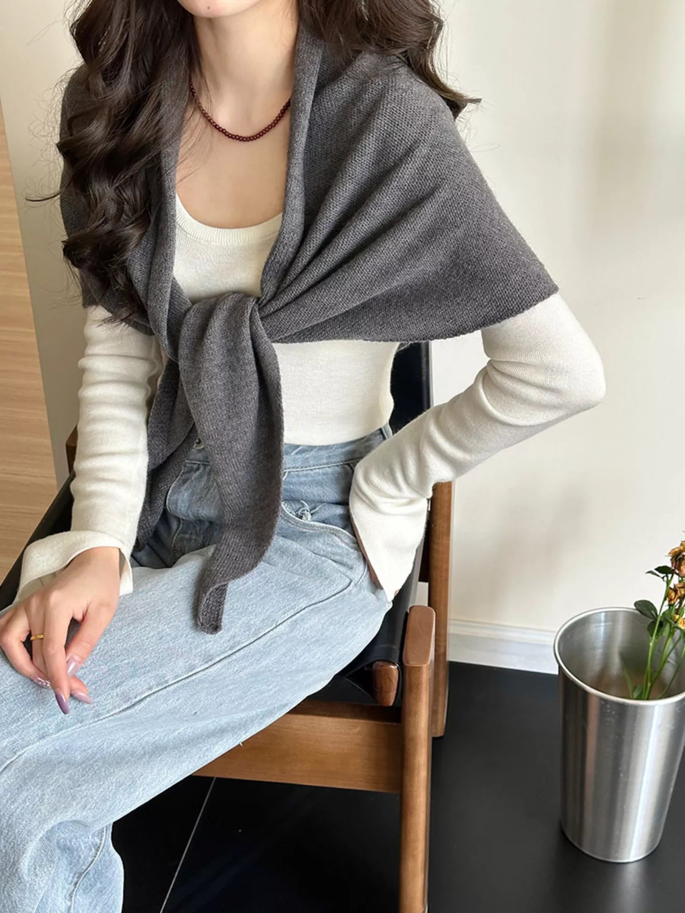 Knitted Solid Color Scarf - Gray One Size