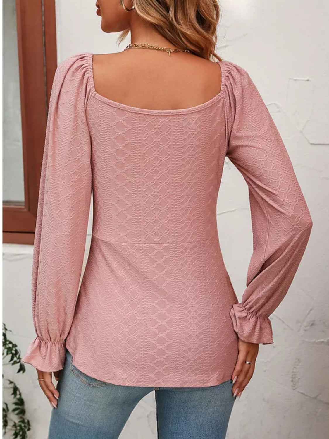 Drawstring Ruffled V-Neck Long Sleeve Blouse