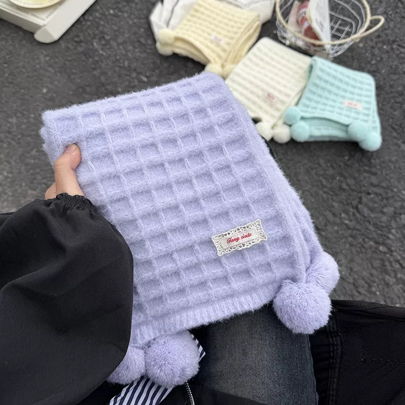 Waffle Knit Pom-Pom Scarf -