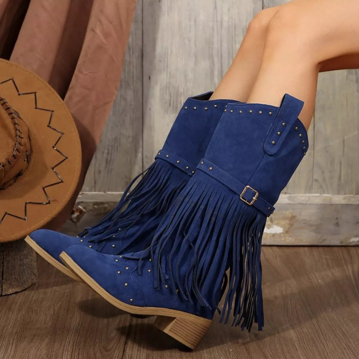 Fringe Point Toe Block Heels Boots - Navy