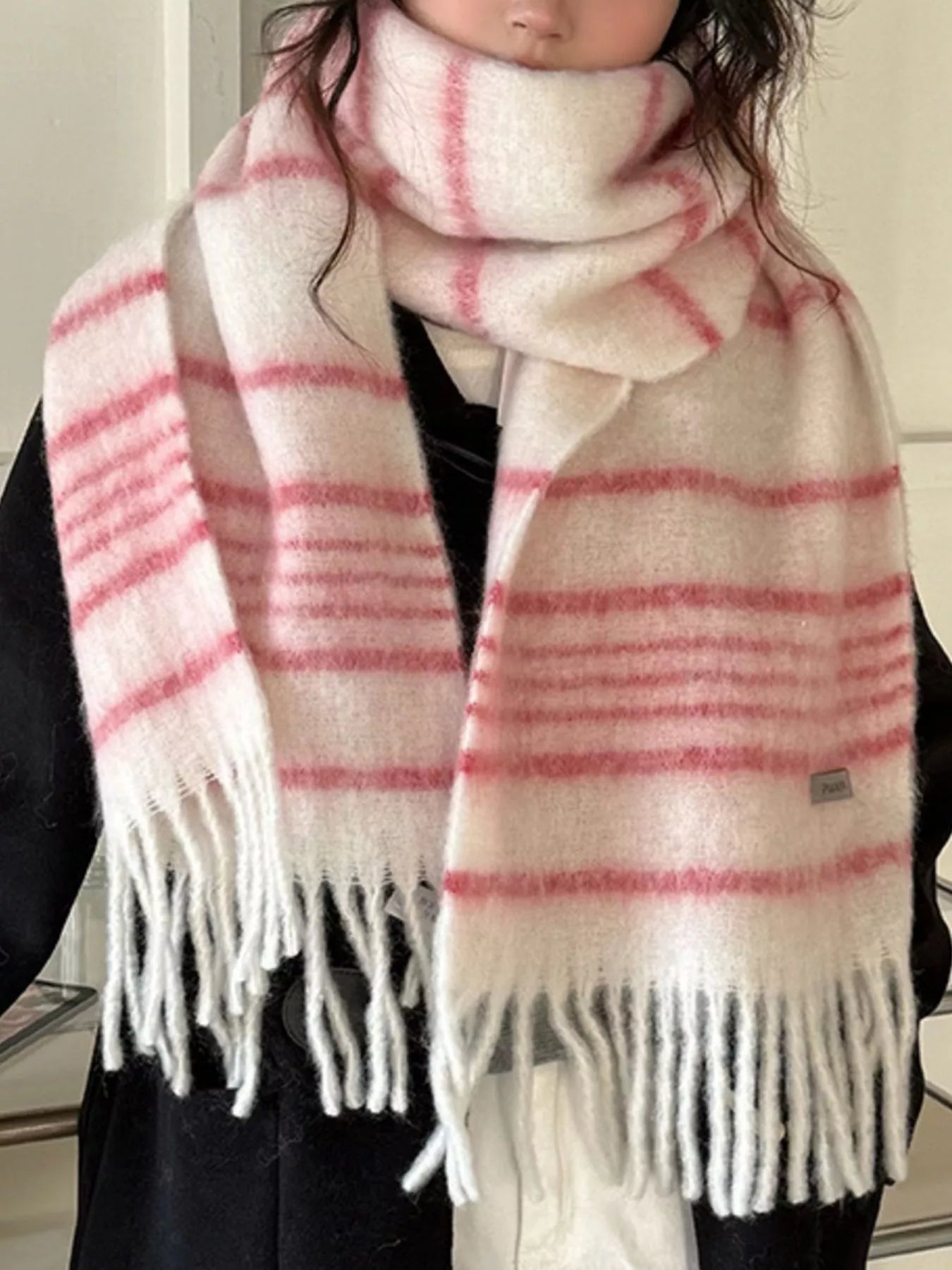 Cozy Striped Fringe Hem Scarf - Pink One Size