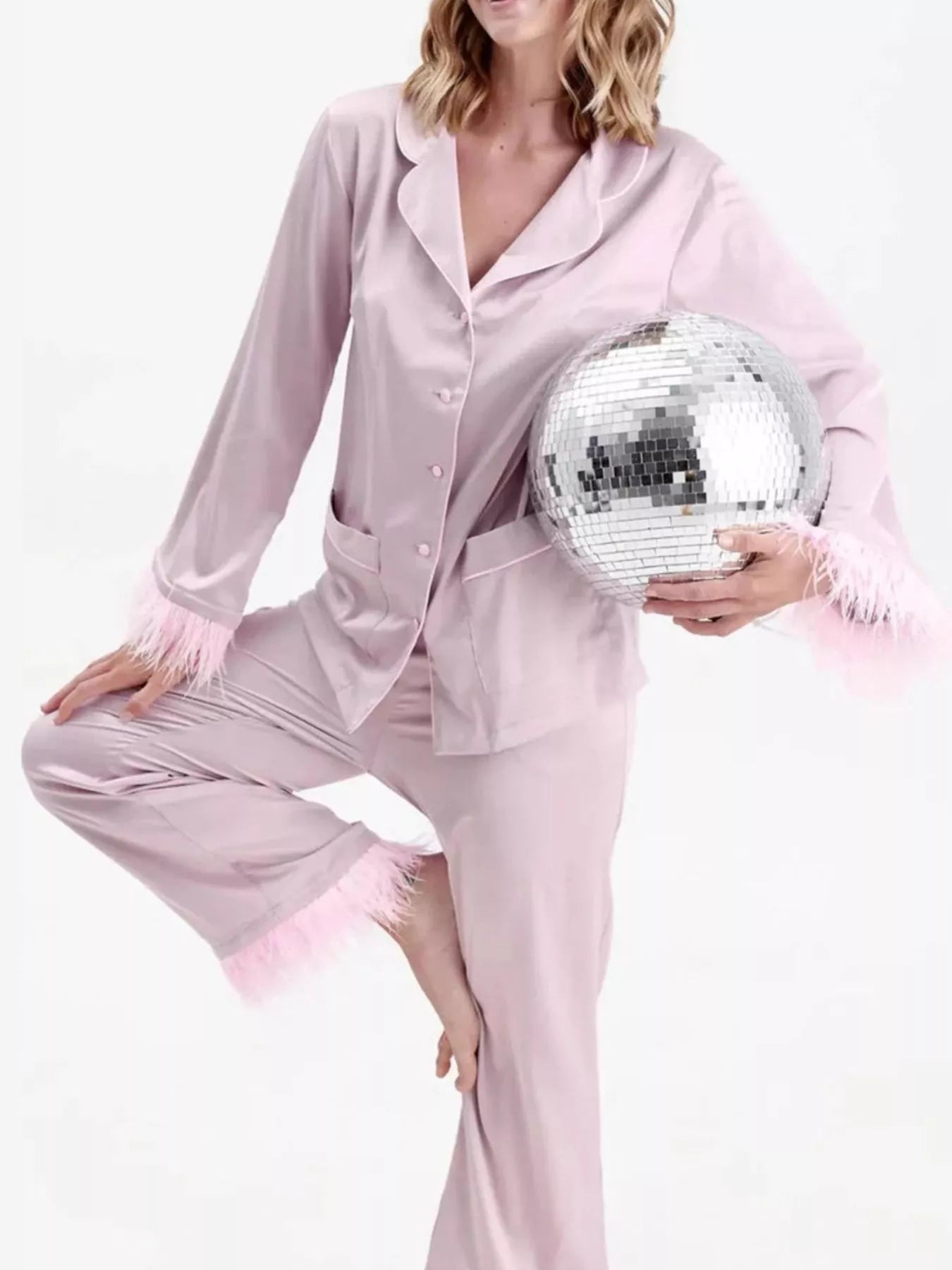 Silky Button Up Top and Pants Lounge Set - Pink